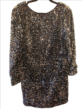 RW&CO Size 14 Black Silver Sequin Long Sleeve Mini Party Dress